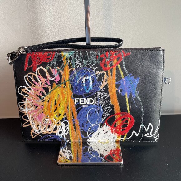 FENDI x Noel Fielding Multicolor Calf Leather Clutch/2nd Bag w/ Strap - Preowned